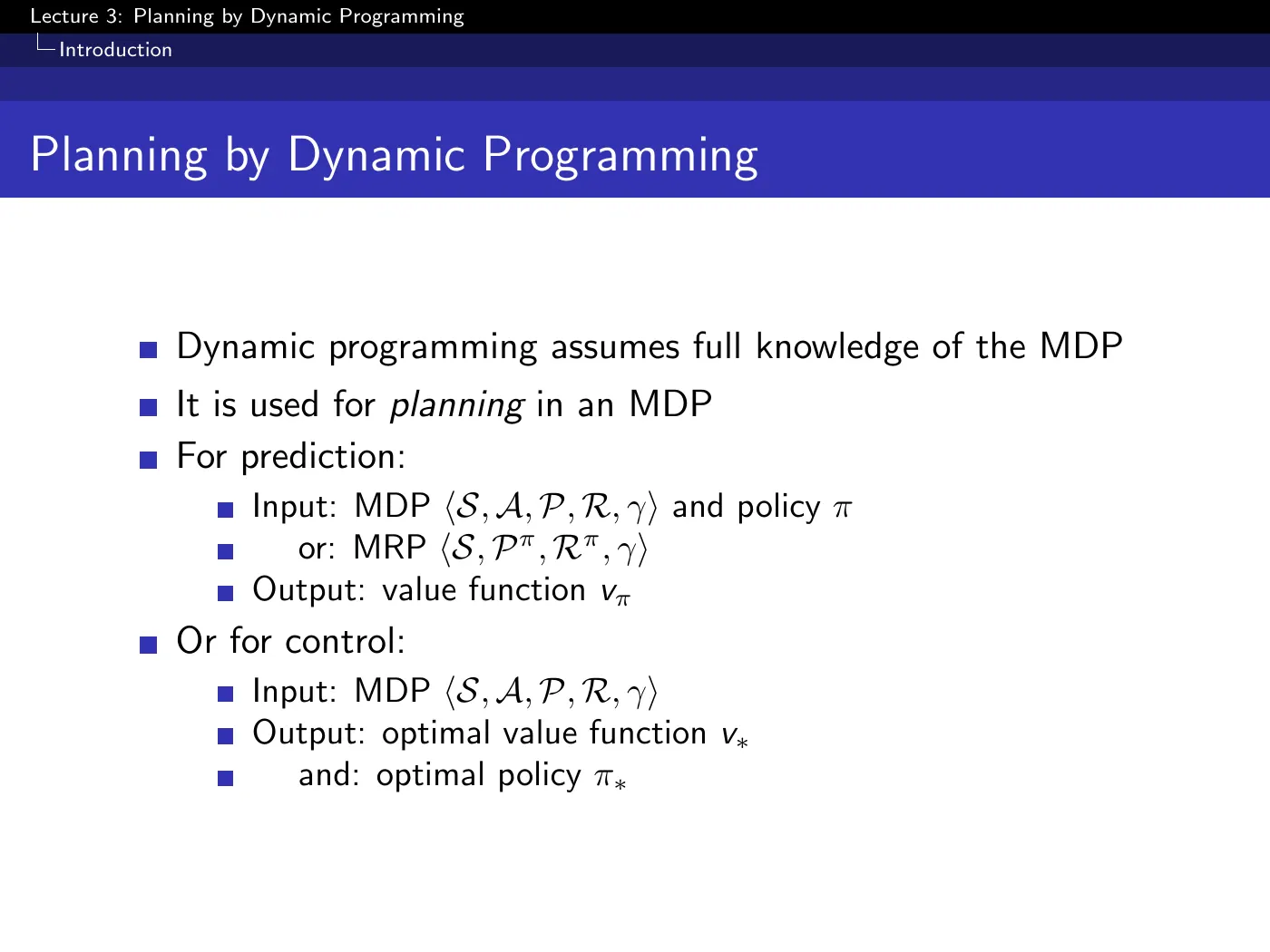 Lecture 3 Planning by Dynamic Programming, slide 5