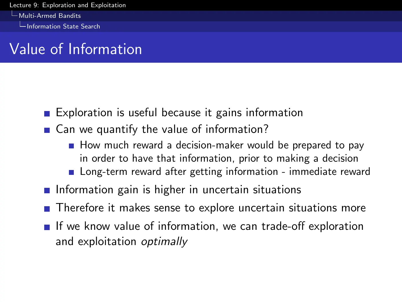 Lecture 9 Exploration and Exploitation, slide 26