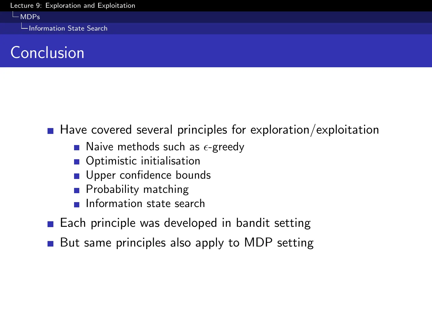 Lecture 9 Exploration and Exploitation, slide 47